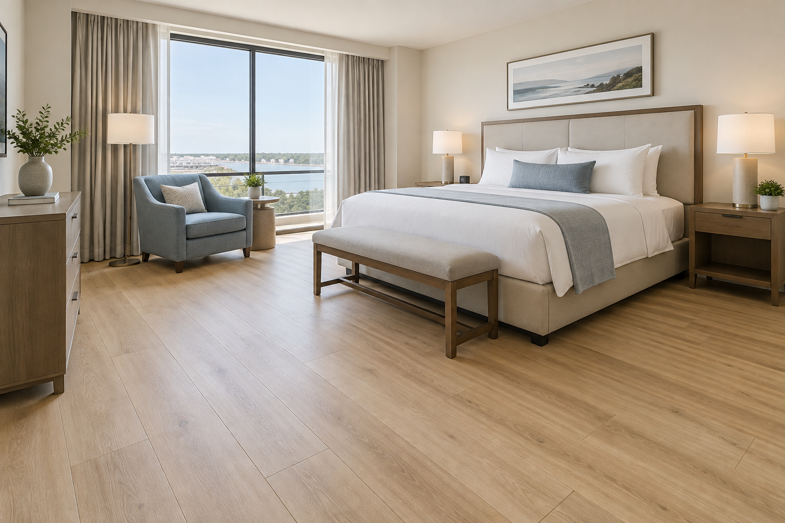 Hotel-style bedroom with light wood-look commercial flooring