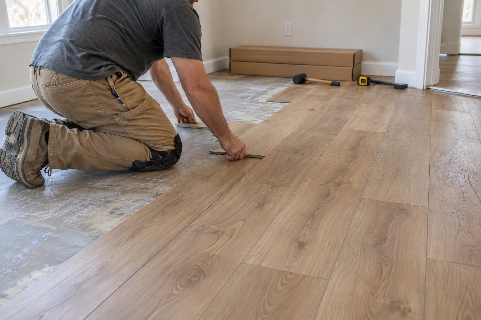 Installer laying commercial plank flooring in an open space