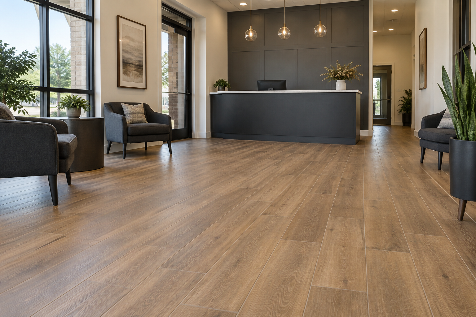 Reception area with commercial plank flooring installed in Augusta, GA