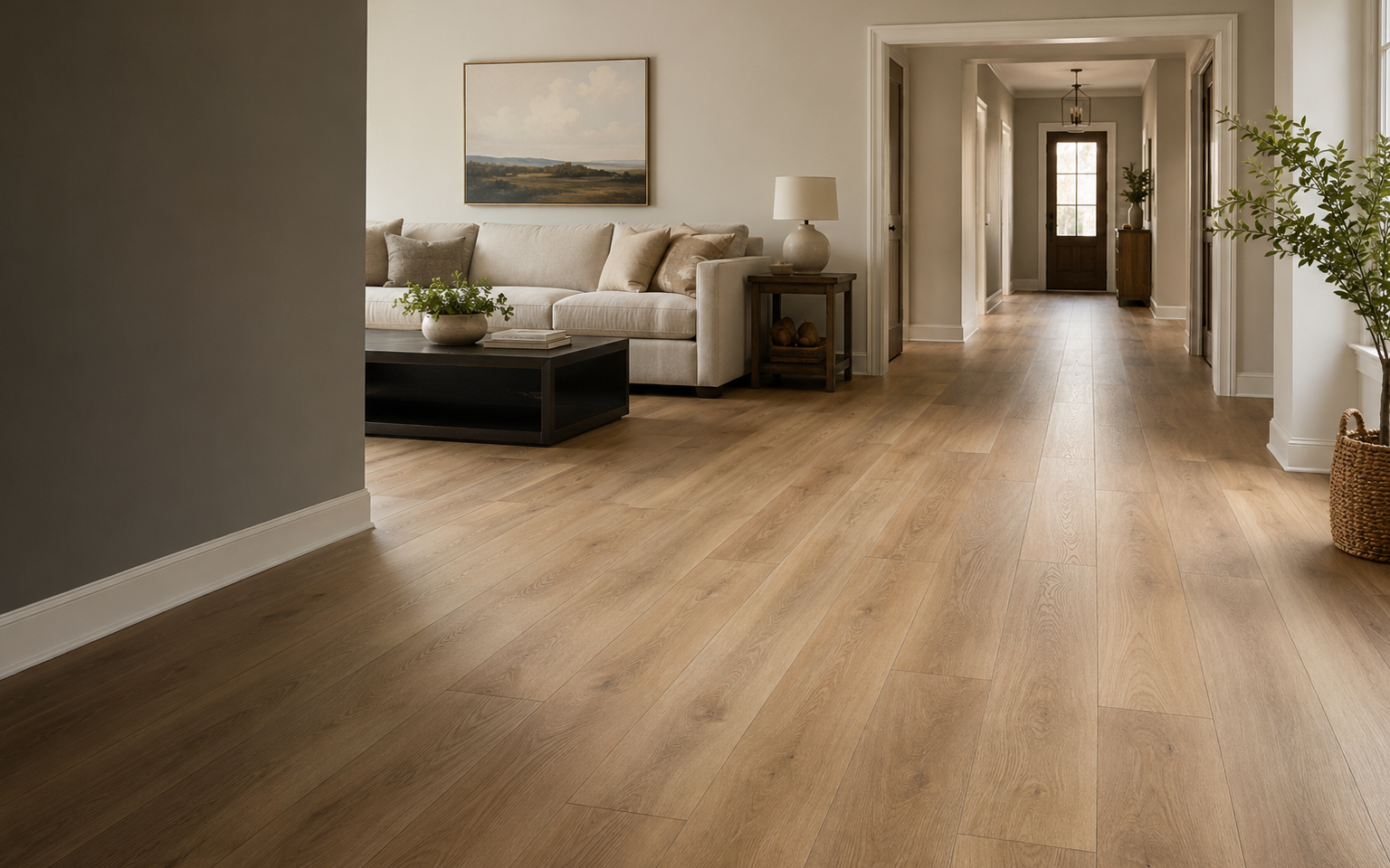 Commercial unit interior with new light wood-look plank flooring