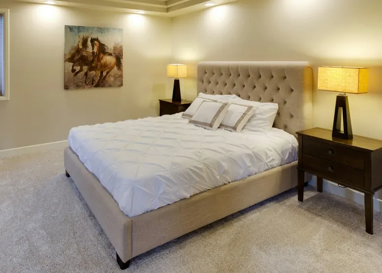 Bedroom with plush beige carpet installed wall to wall