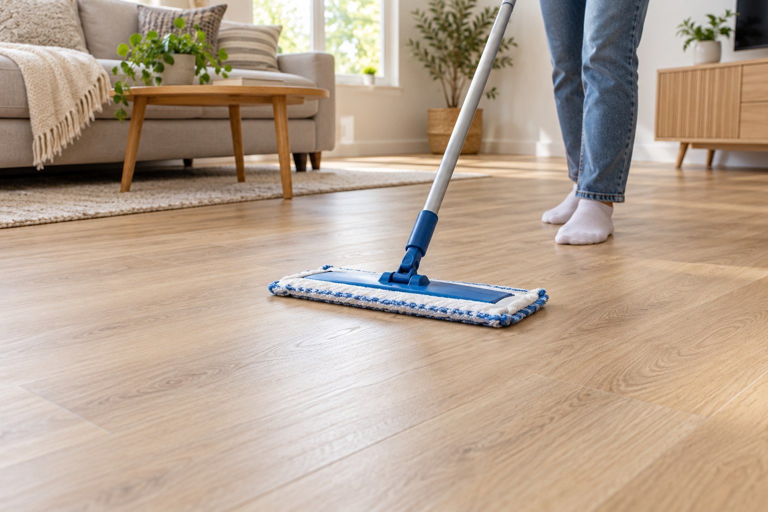 Flat microfiber mop cleaning light oak-look vinyl plank flooring in a living room